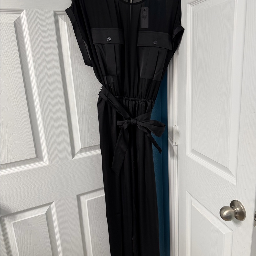 Express Sheer Top Black Double Pocket Jumpsuit with Belt